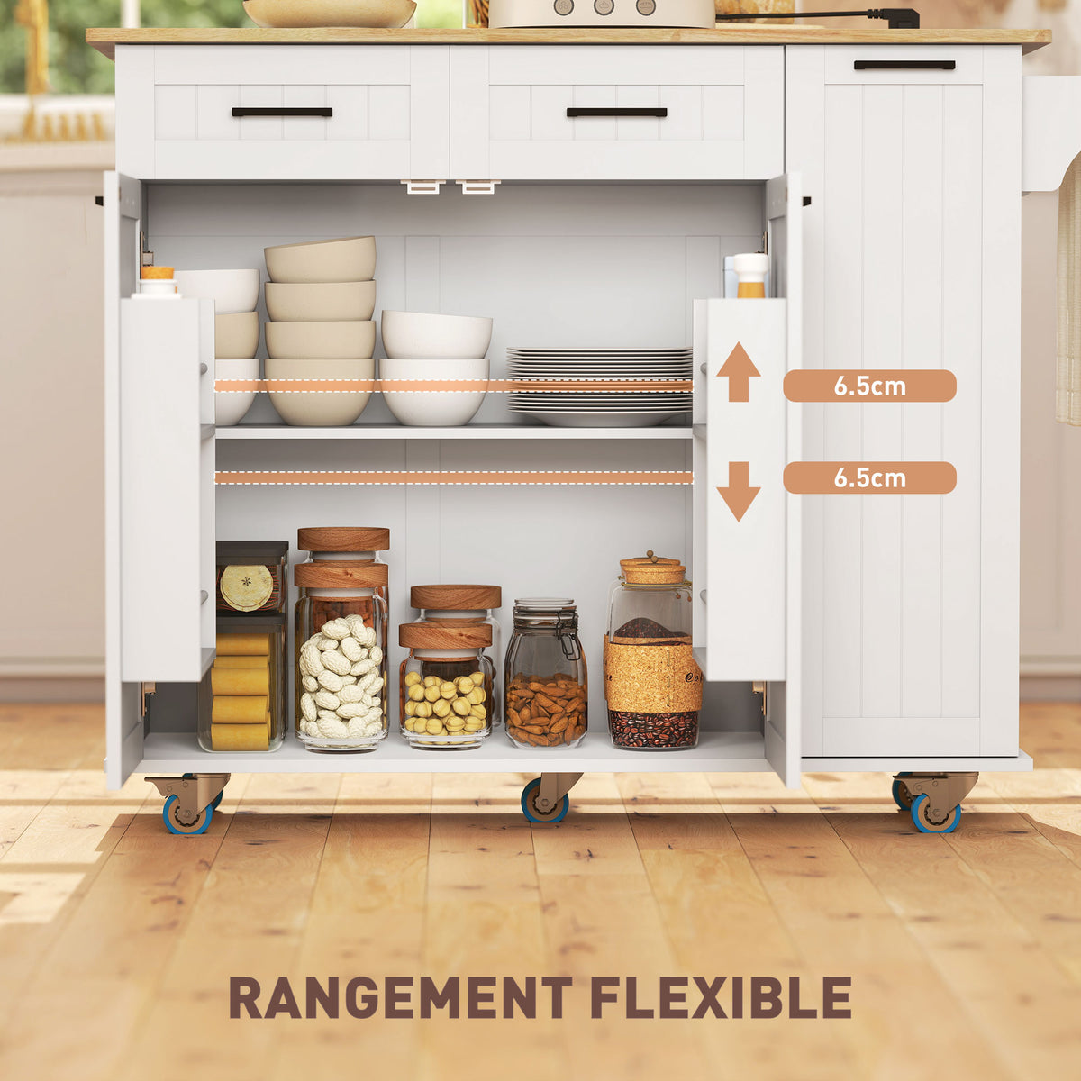 Îlot central cuisine mobile avec prise de courant et port USB, tablette à abattant, étagère réglable blanc-6