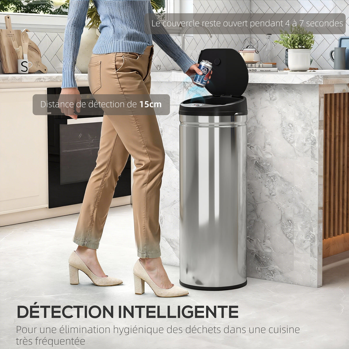 Poubelle cuisine automatique 50L acier inoxydable, poubelle à couvercle à fermeture en douceur, 30,5x30,5x85cm, argent-3