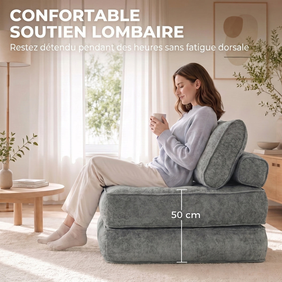 Fauteuil Convertible 1 Place 95 x 220 cm avec 2 Oreillers, Siège Épais, Fauteuil-Lit Chauffeuse 3 en 1, Gris Clair-6
