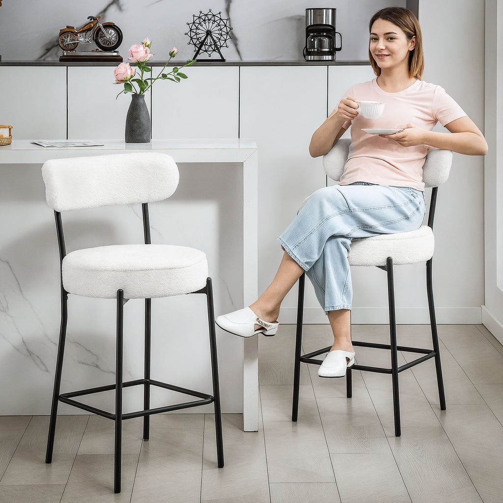 Lot de 2 tabourets de bar en tissu bouclette, chaises de bar avec dossier courbé, repose-pieds, 49x52x95cm, crème-7