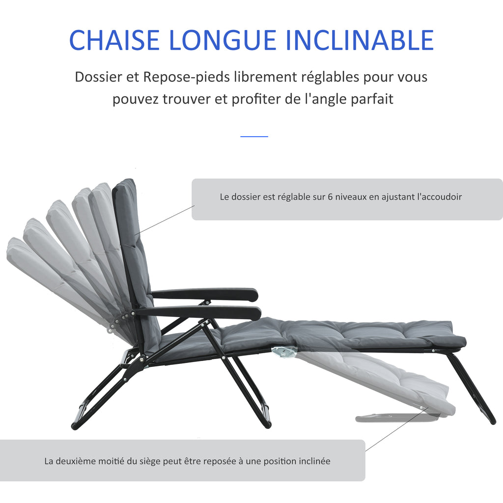 Bain de soleil pliable transat inclinable 6 positions avec matelas + accoudoirs acier polyester gris-3