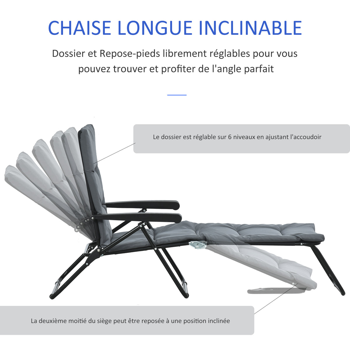 Bain de soleil pliable transat inclinable 6 positions avec matelas + accoudoirs acier polyester gris-3