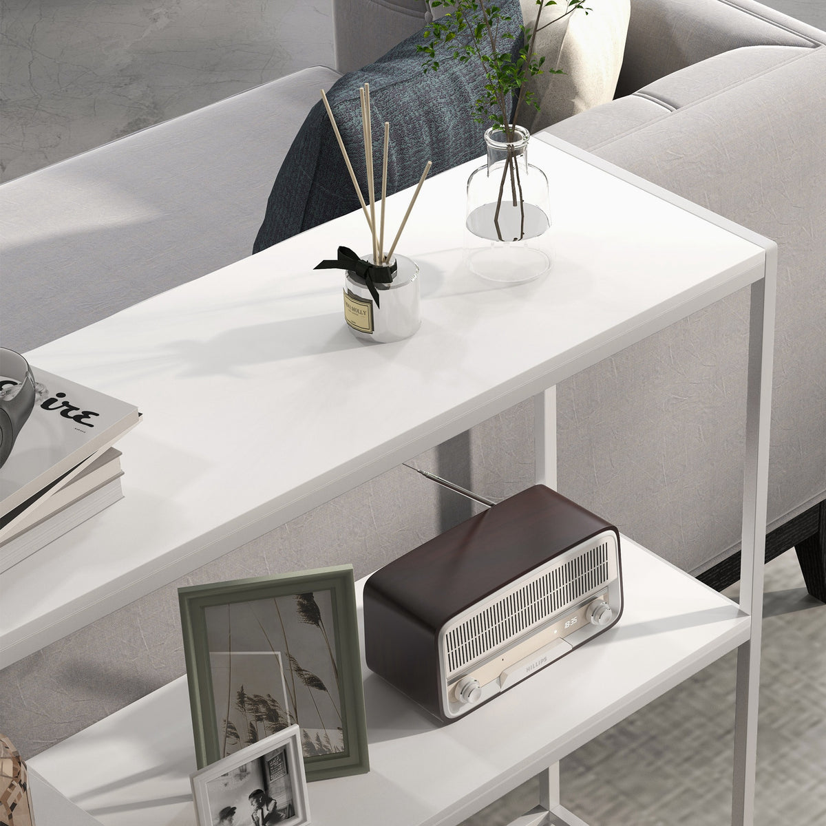 Table console en acier 2 étagères design moderne pour salon entrée couloir 100 x 30 x 87 cm blanc-7