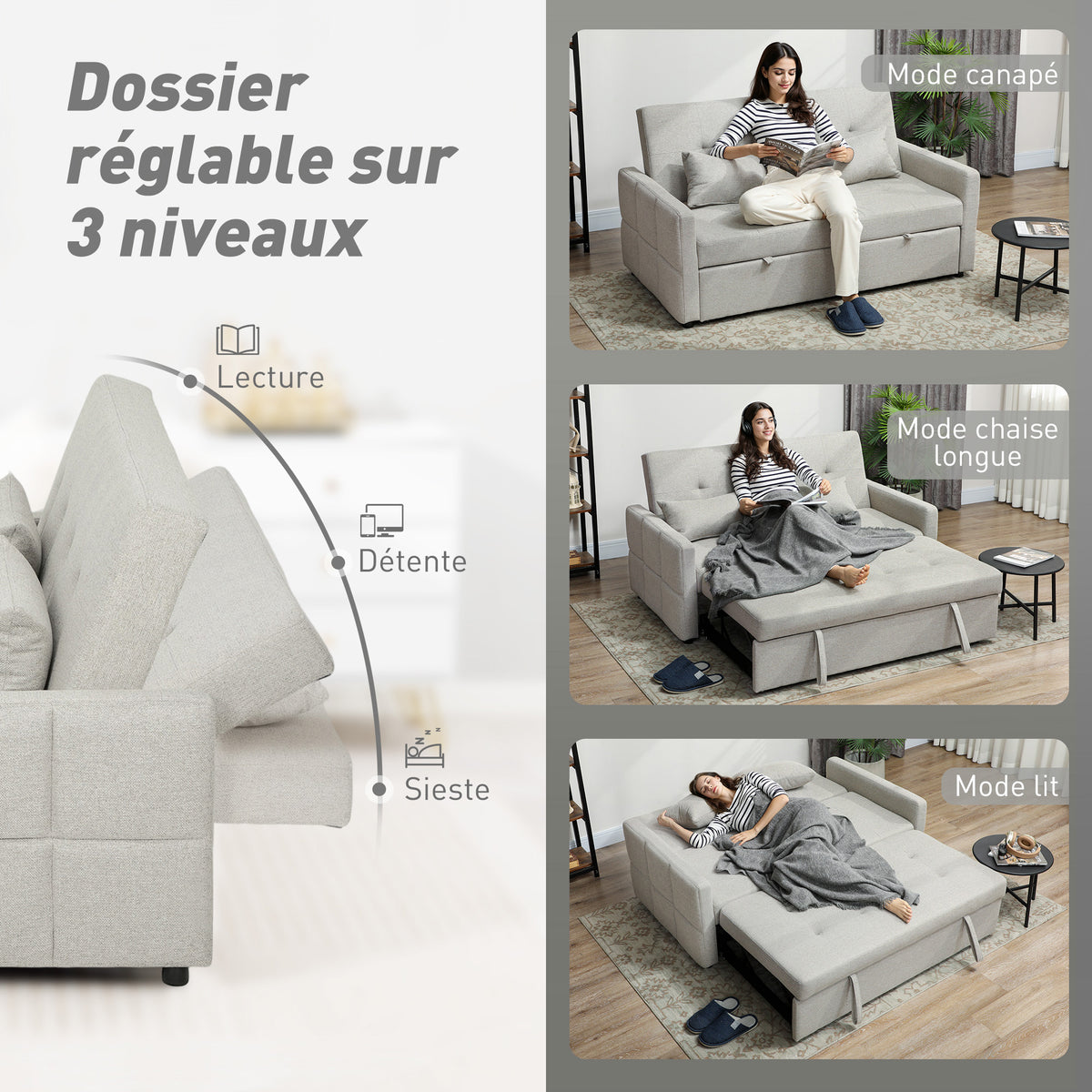 Canapé convertible 2 places 3 en 1, canapé-lit clic-clac, lit gigogne, dossier réglable, 158x85x85cm, marron clair-4