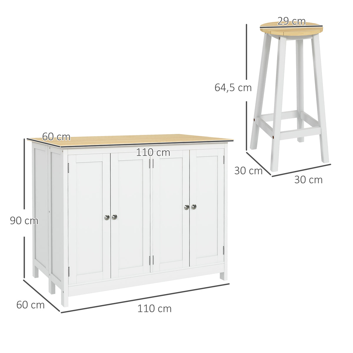 Desserte îlot de cuisine avec 2 tabourets plan de travail rabattable 2 placards avec 4 portes design moderne blanc-2