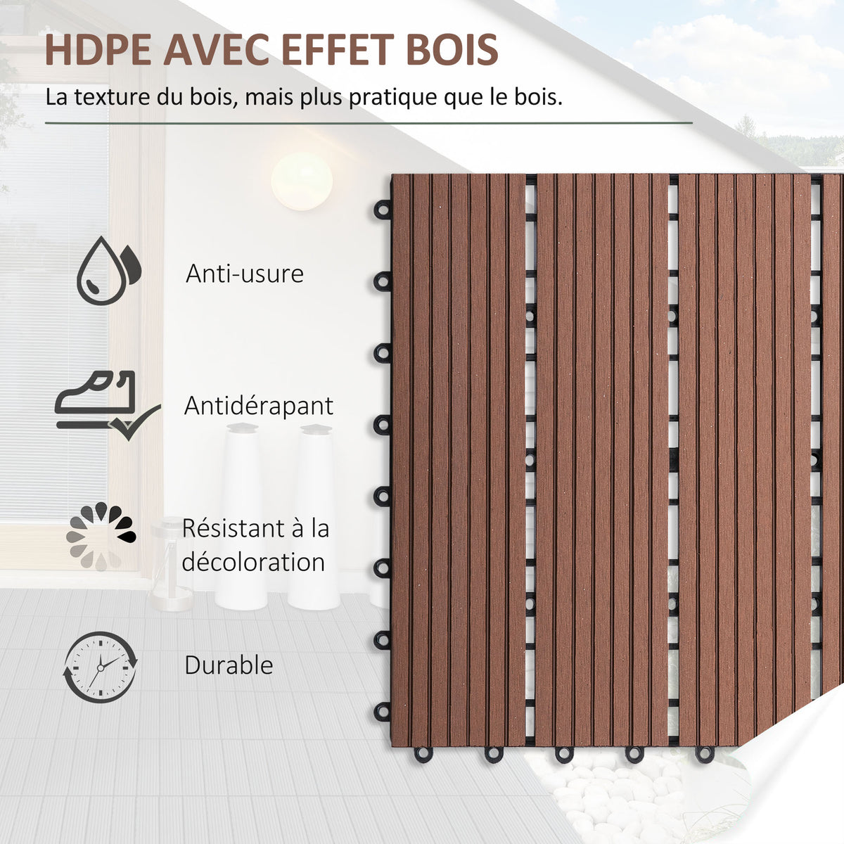 Lot de 11 dalles de jardin piscine 30 x 30 x 2,2 cm dalle clipsable pour jardin, balcon, piscine en HDPE marron clair-3