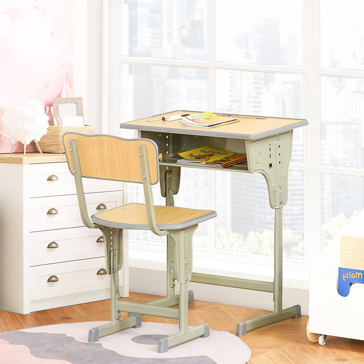 Bureau enfant Vintage style pupitre d'écolier - ensemble bureau et chaise réglable - case de rangement, bracket, range-stylos - acier kaki MDF aspect bois clair-3