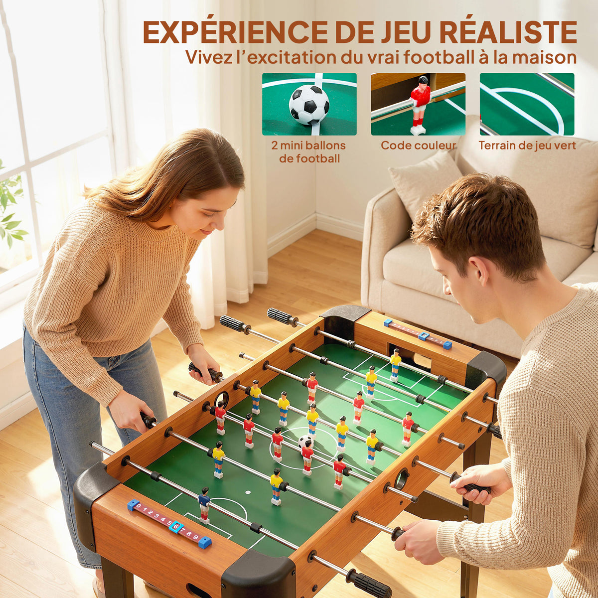 Baby-foot 92 cm, 22 joueurs, 2 balles, compteurs manuels, poignées antidérapantes, marron-3
