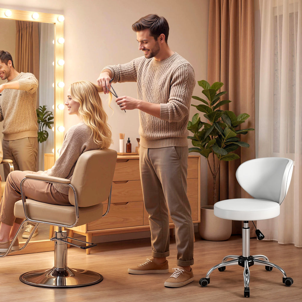 Tabouret à roulettes, tabouret de massage en PU avec hauteur réglable 73-88 cm et dossier, pivotant 360°, blanc-8