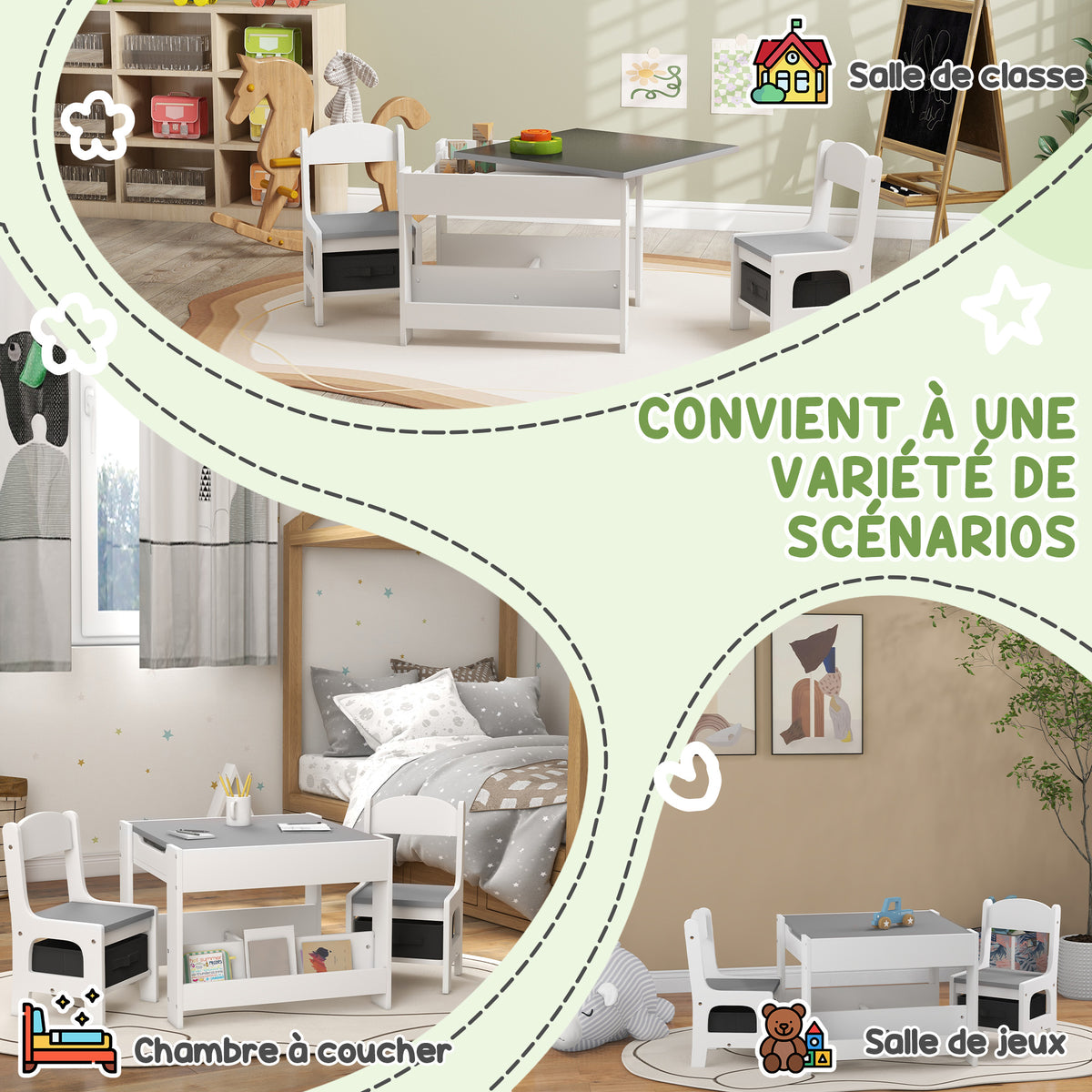 Ensemble 3 pièces table et 2 chaises pour enfant avec plateau réversible tableau noir, panier de rangement, étagères-6