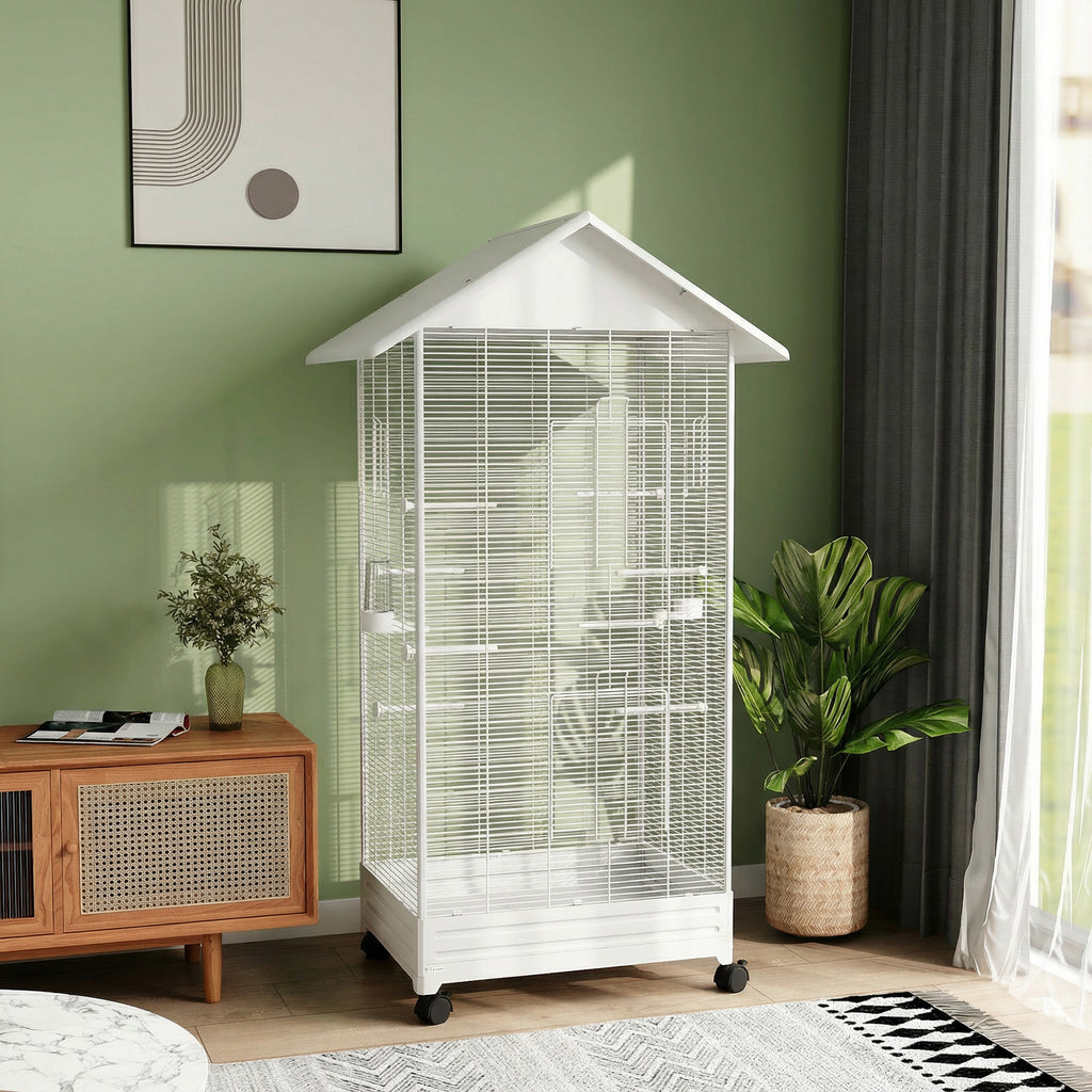 Cage oiseau sur pied volière oiseaux intérieure sur roulettes 2 mangeoires 8 perchoirs 79 x 65 x 155 cm fil d'acier blanc-1