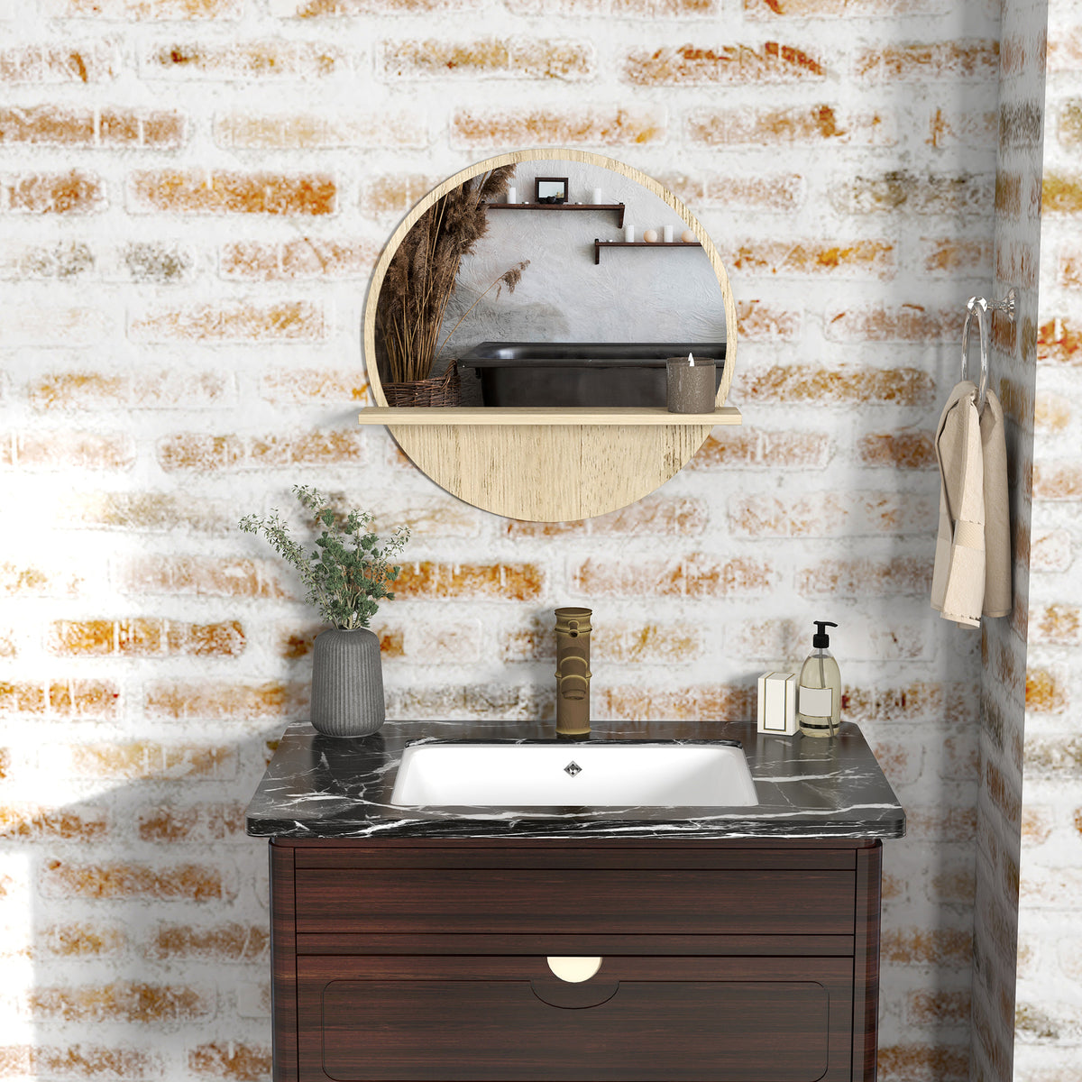 Miroir rond mural de salle de bain avec 1 étagère de rangement - Ø 45 x 10H cm - panneau de particules-9