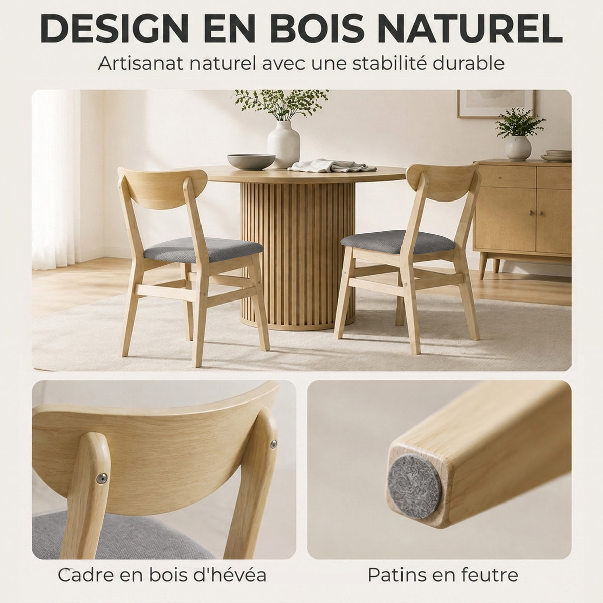 Lot de 2 Chaises de Salle à Manger, Chaises Cuisine, Assise Rembourrées en Lin, Dossier Incurvé, Gris et Bois Naturel-4