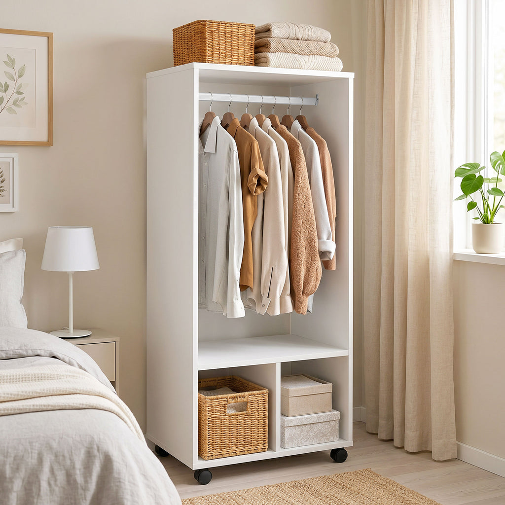 Armoire penderie étagère 2 niches 4 roulettes pivotantes dim. 60L x 40l x 128H cm Blanc-1