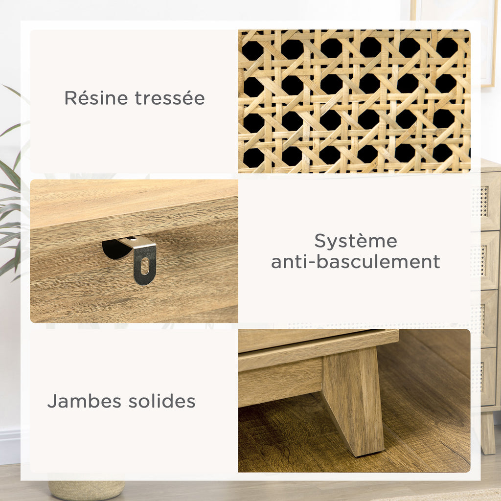 Commode 3 tiroirs meuble de rangement cannage en rotin aspect bois clair 80 x 35 x 76 cm-5