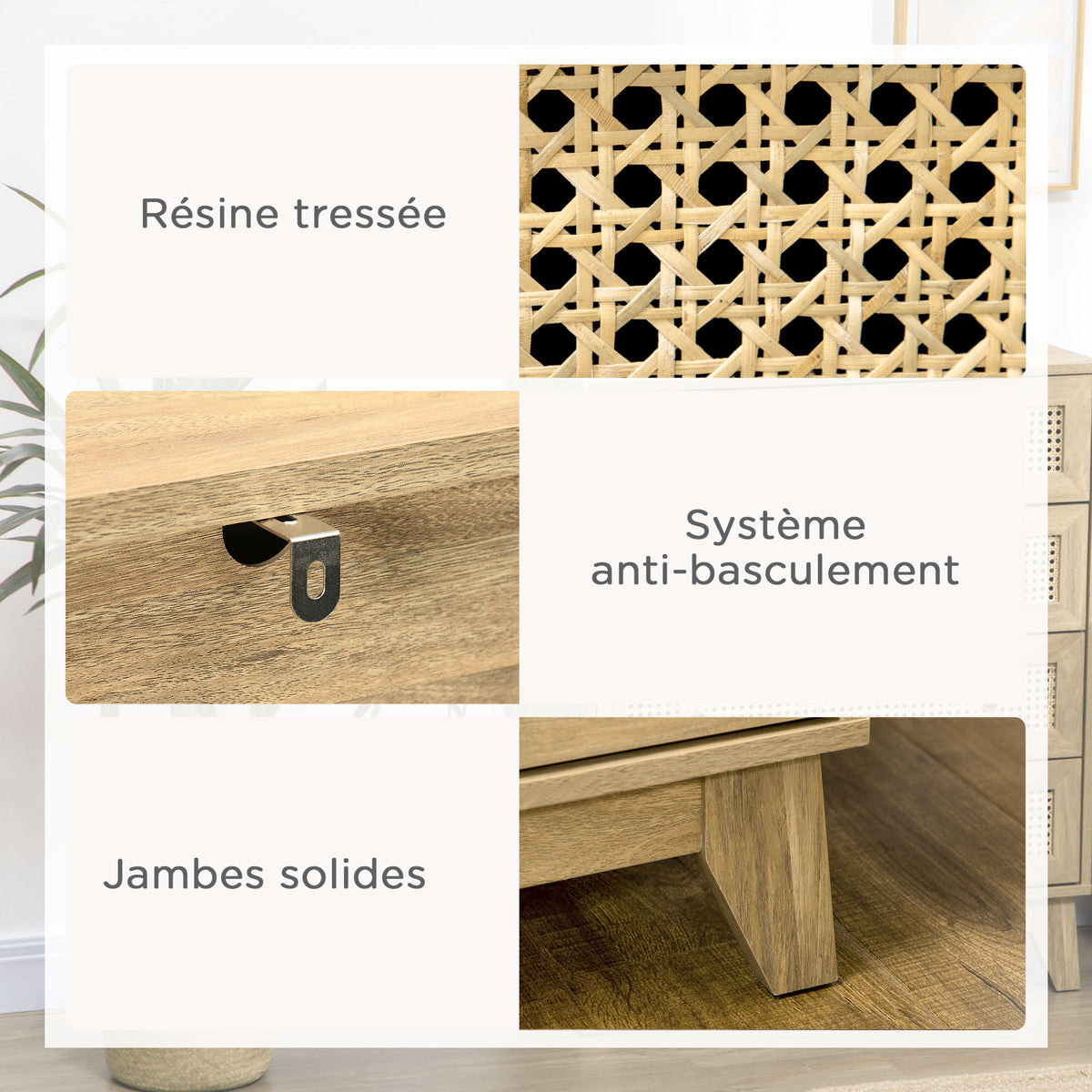 Commode 3 tiroirs meuble de rangement cannage en rotin aspect bois clair 80 x 35 x 76 cm-5