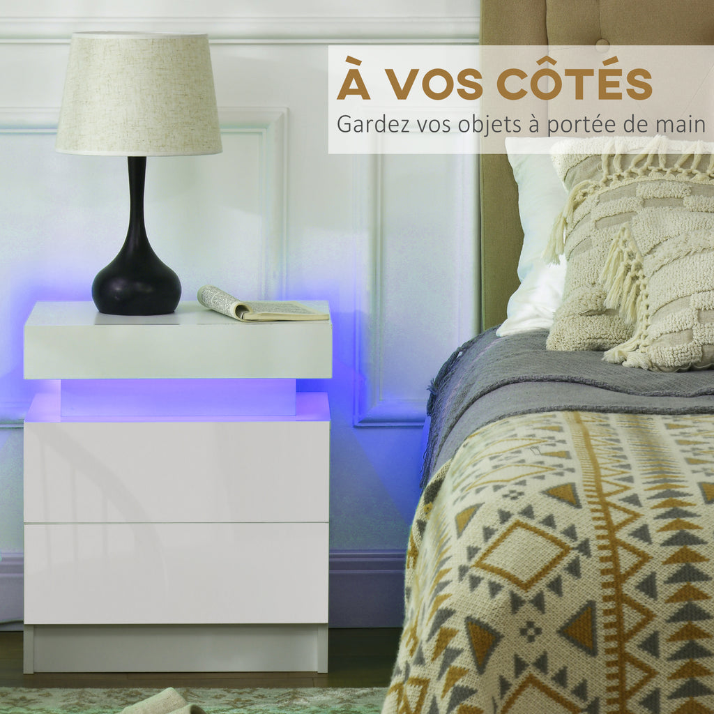 Table de chevet table de nuit lumière LED RVB panneau haute brillance avec 2 tiroirs pour salon chambre à coucher blanc-4