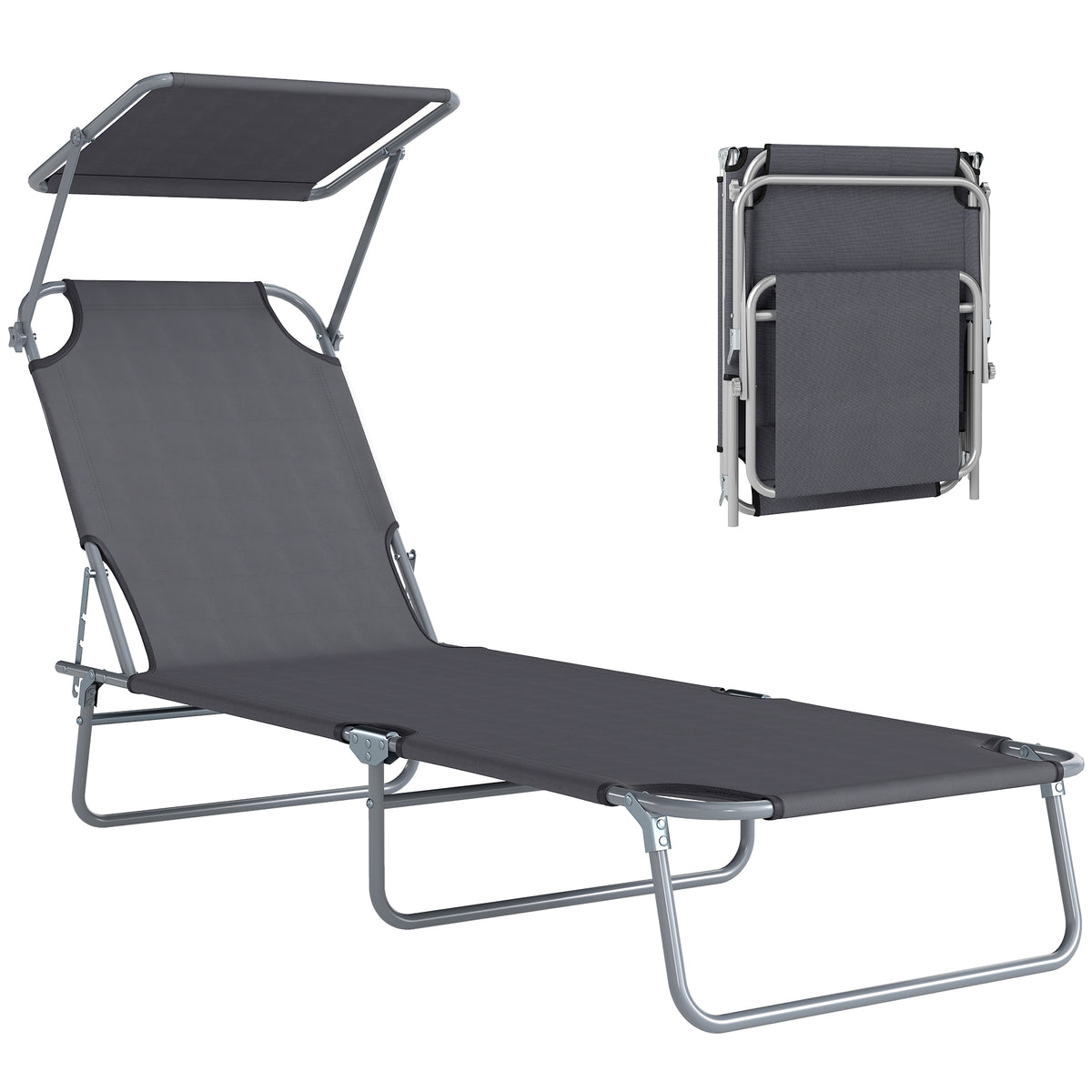 Transat Bain de Soleil Pliable Chaise Longue Pliante Grand Confort Dossier Inclinable Multi-positions et Pare-Soleil réglable Dim. 187L x 58l x 36H cm Gris-0