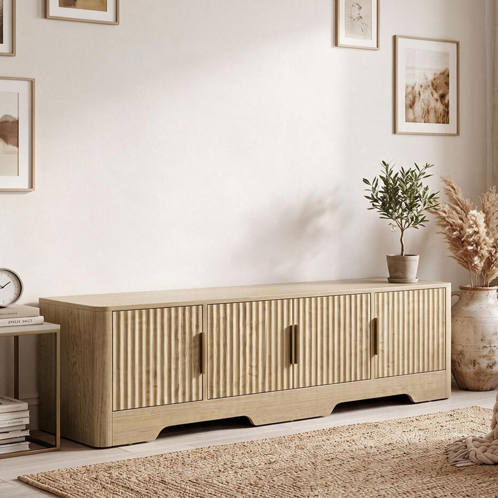 Meuble TV 140 cm, Meuble Télé pour Téléviseur jusqu'à 60 Pouces, 4 Portes Cannelées et Étagères Réglables, Chêne-1