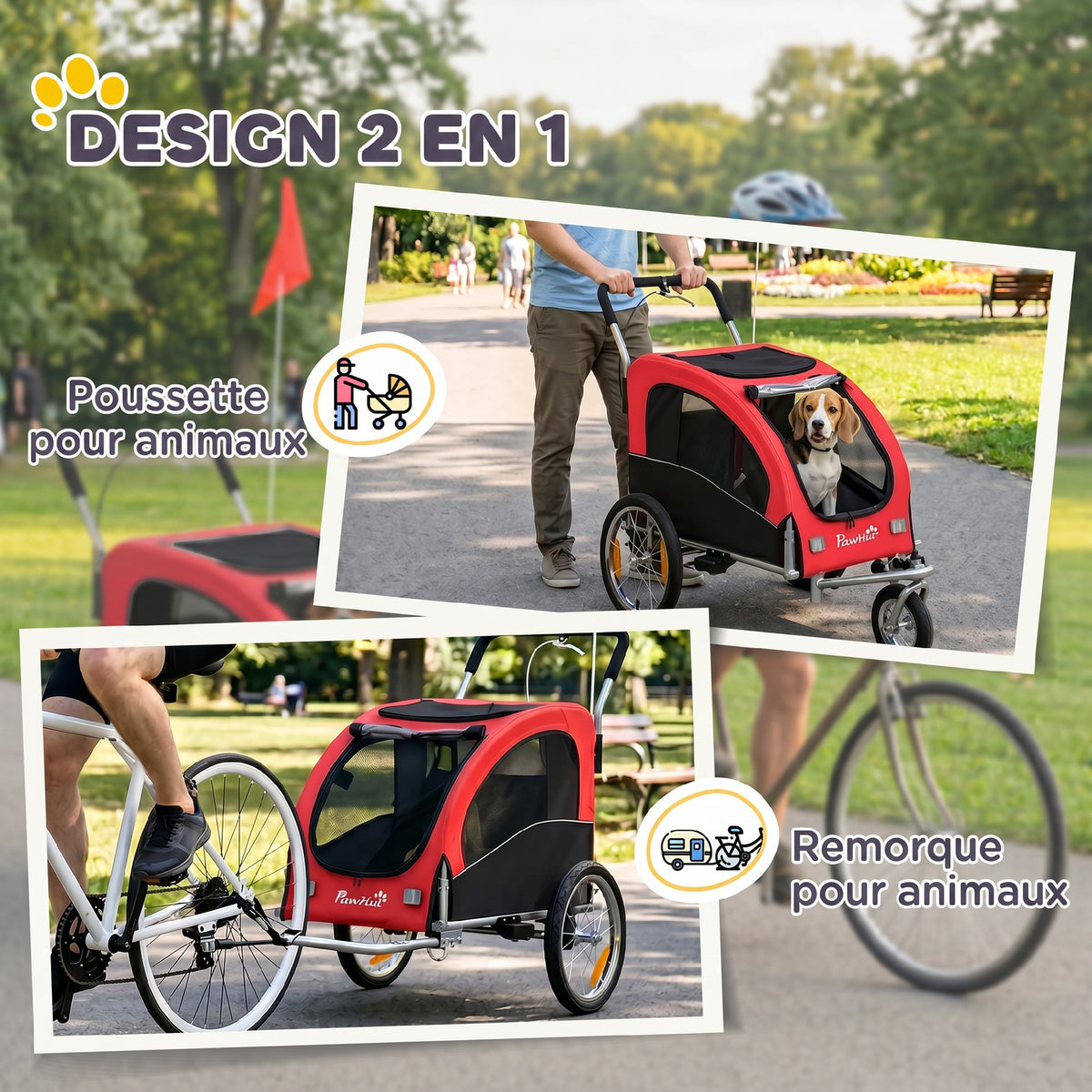 Remorque Vélo Chien 2-en-1 pour Chien Moyen avec Suspension, Pneus à Dégagement Rapide, Réflecteurs, 160x71x101cm, Rouge-3