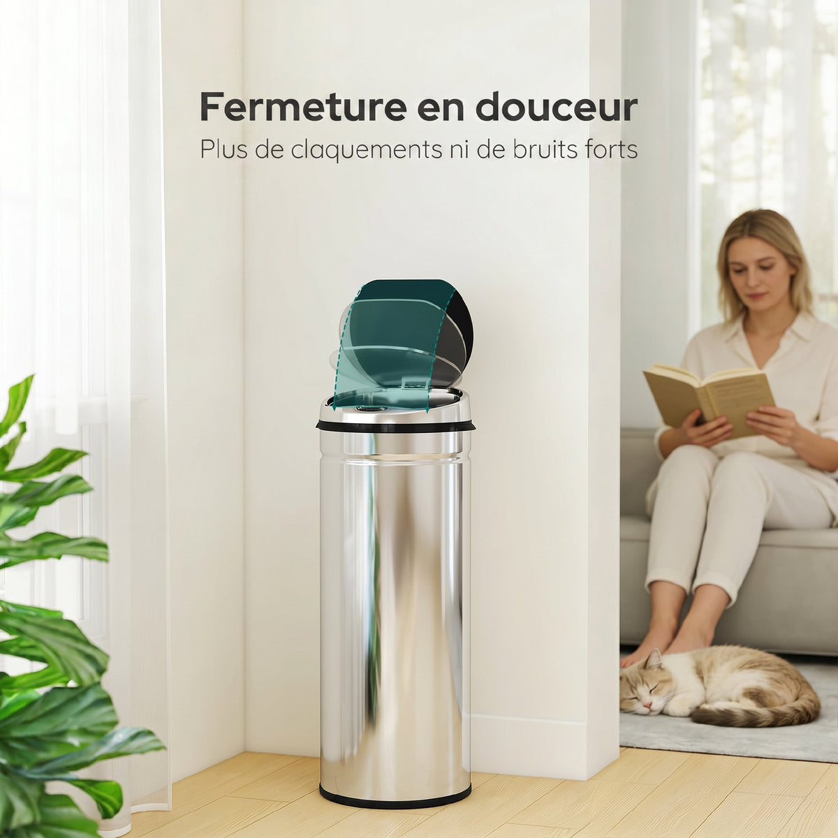 Poubelle à capteur de mouvement ouverture automatique 50 L en acier inoxydable noir et argent-4