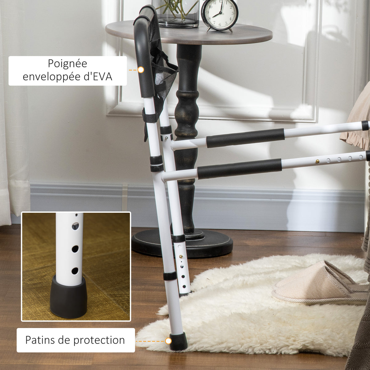 Barre d'appui lit sur pieds protection réglable 5 hauteurs pochette rangement 52 x 85-95 x 71-102 cm blanc noir-5