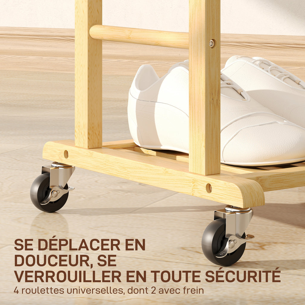 Portant à vêtements sur roulettes, porte-manteaux en bambou, double cintre intégré, 47 x 33,7 x 105,5 cm, bois naturel-4