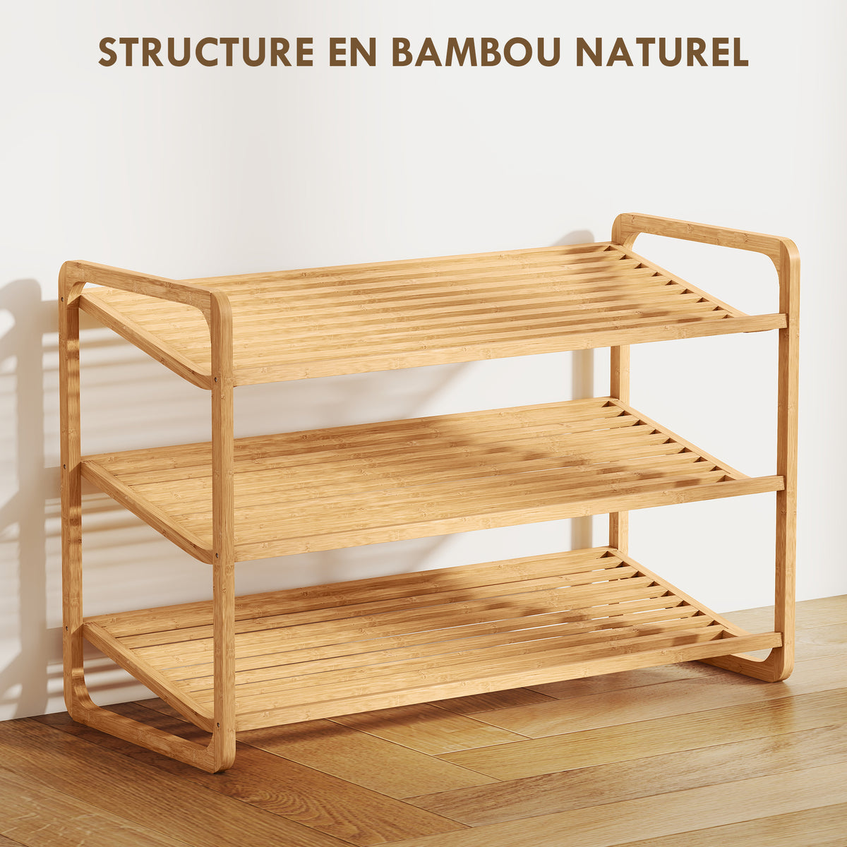 Étagère à chaussures en bambou à 3 niveaux, porte-chaussures capacité 12 paires, 76x33x50,8cm, bois naturel-3