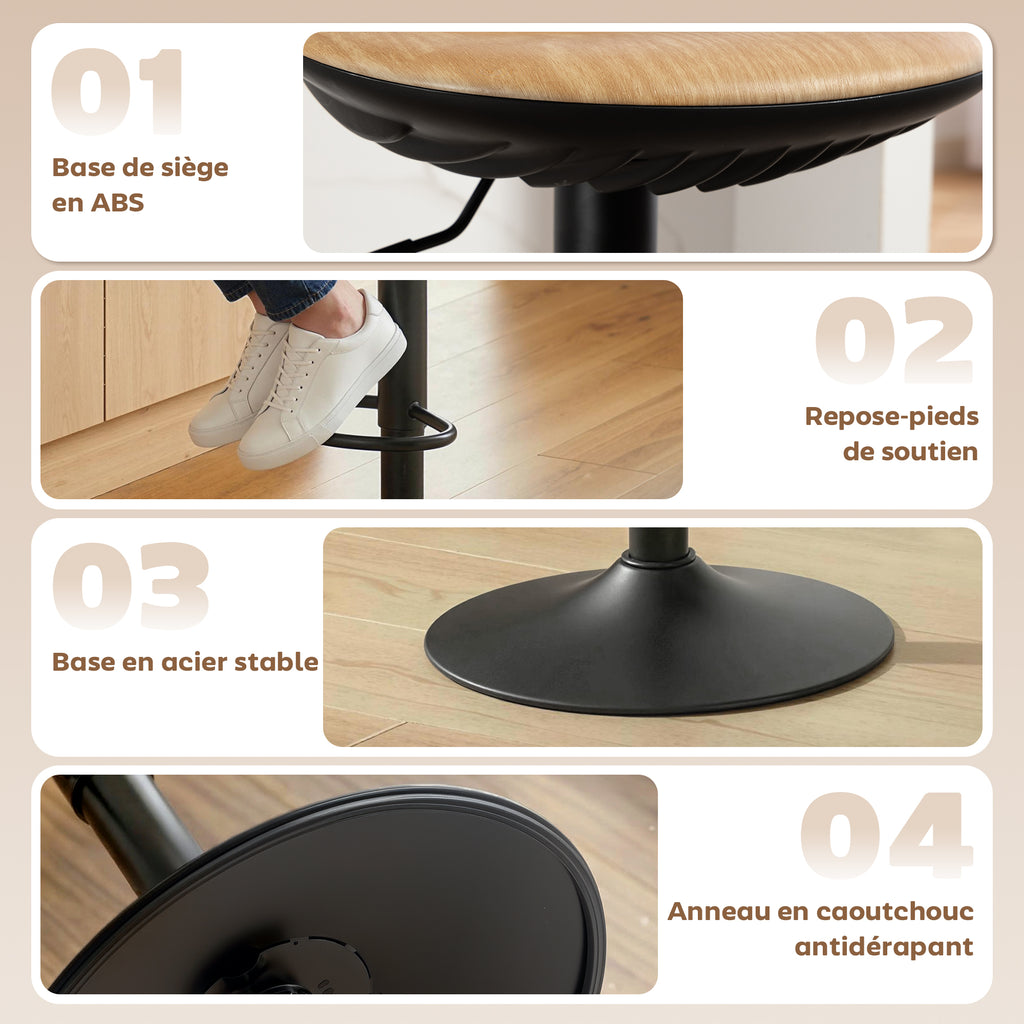 Lot de 2 tabourets de bar, chaises de bar réglables en hauteur avec repose-pieds, pivotant 360°, base en acier, chêne-8