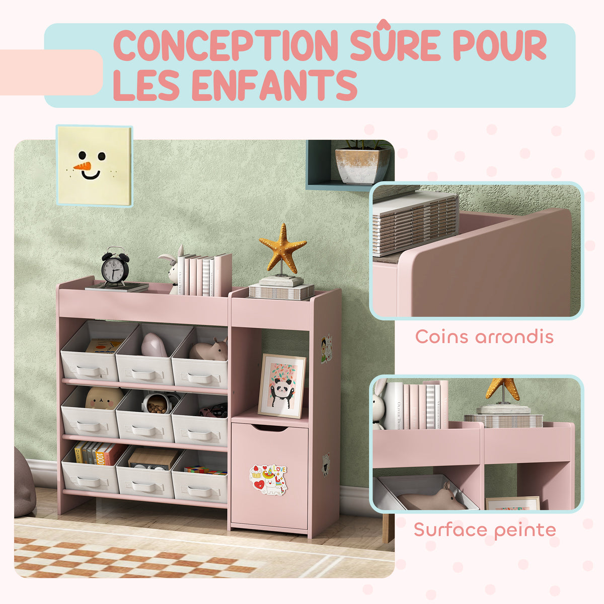 Meuble rangement enfant étagère de rangement pour jouets enfants avec 9 tiroirs en tissu et placard, rose-4