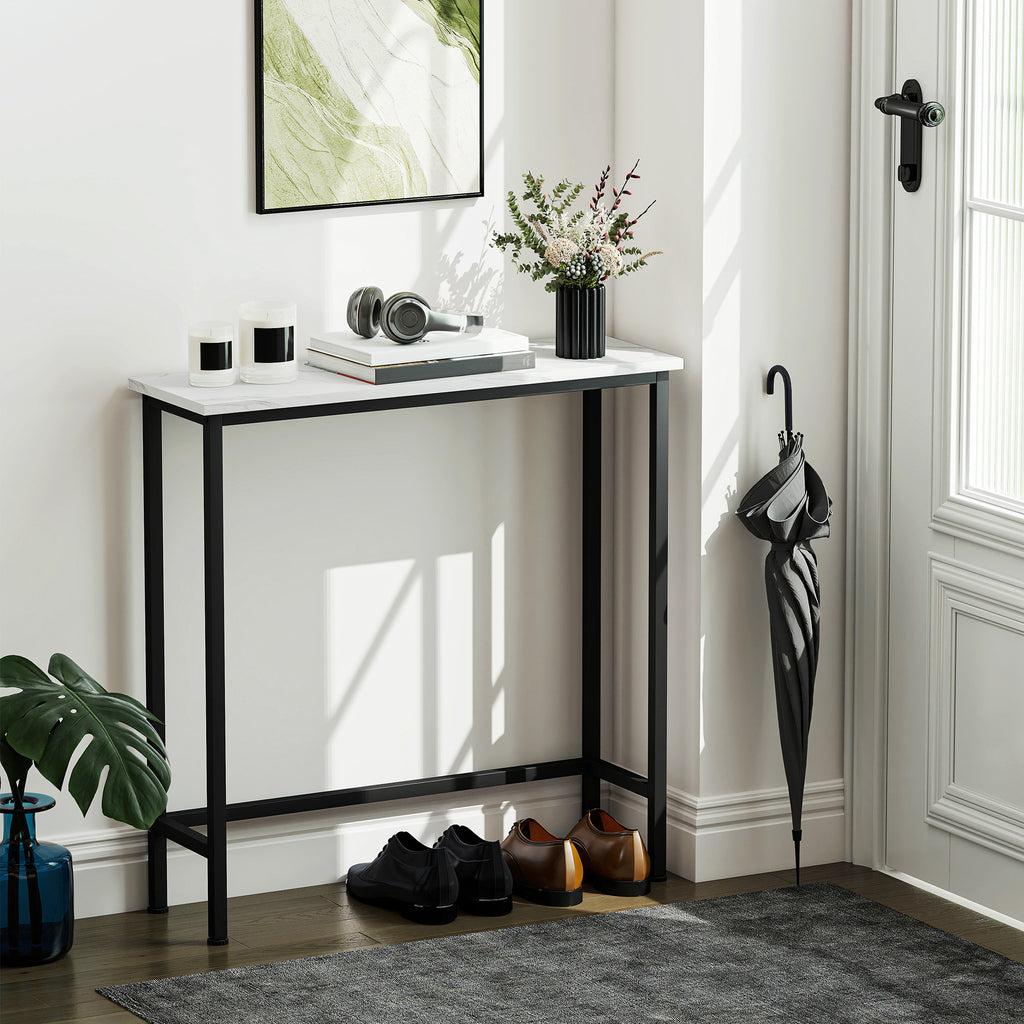Console meuble 75 cm, table console plateaux en effet marbre, cadre en métal, style moderne blanc et noir-1