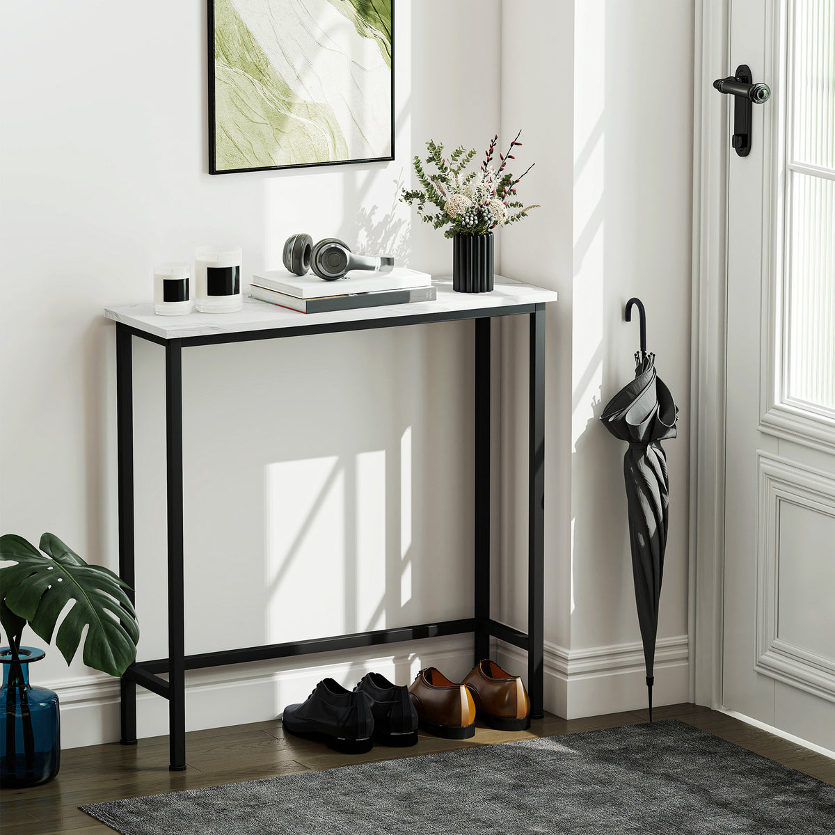 Console meuble 75 cm, table console plateaux en effet marbre, cadre en métal, style moderne blanc et noir-1