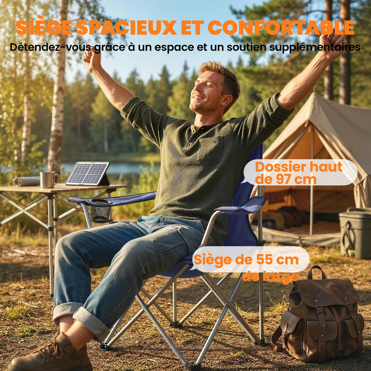 Lot de 2 Chaises de Camping Pliantes avec Porte-Gobelet, Sac de Transport, Dossier Haut, 88x57x97cm, Bleu Foncé-4