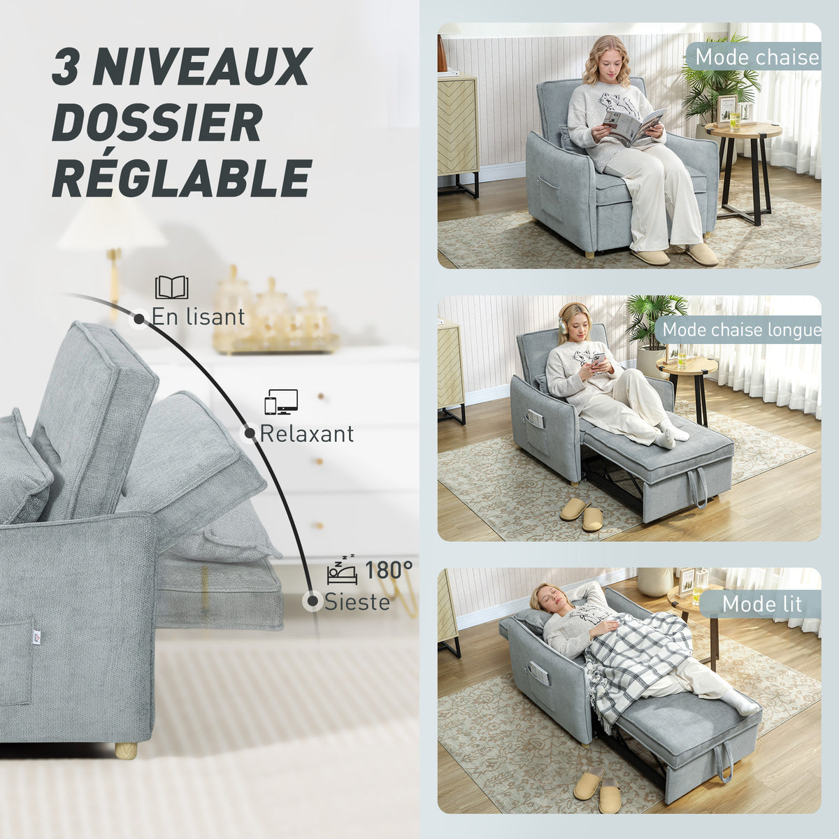 Fauteuil convertible 1 place 3 en 1, fauteuil-lit clic-clac en chenille, assise large dossier réglable, 88x84x87cm, gris-4
