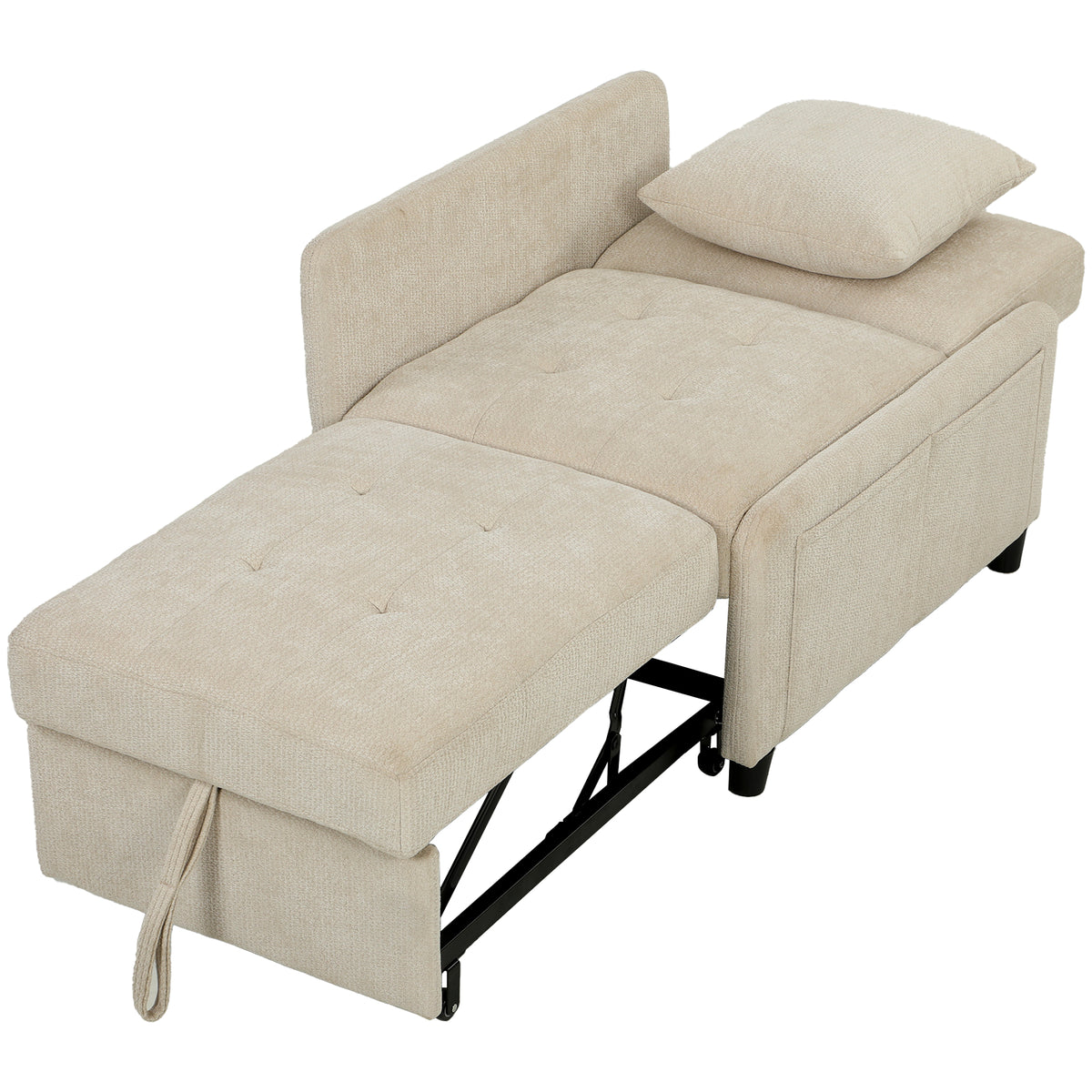 Fauteuil Convertible 1 Place, Fauteuil-Lit Clic-Clac 4 en 1 Rembourré en Chenille, Dossier Réglable, Assise Large, Beige-0