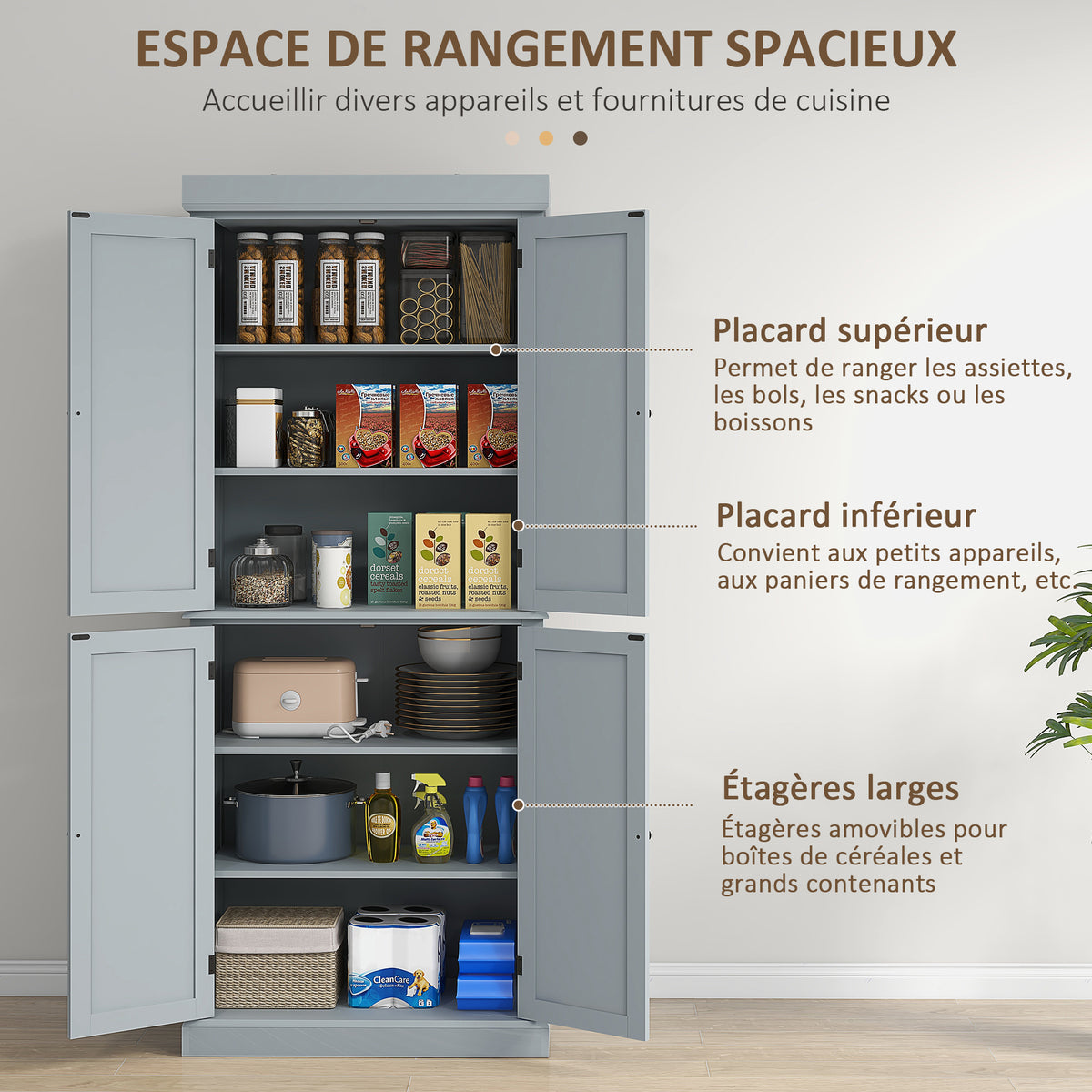 Armoire de cuisine buffet cuisine style moderne avec placards, étagères réglables, 76 x 40,5 x 184 cm, gris-3