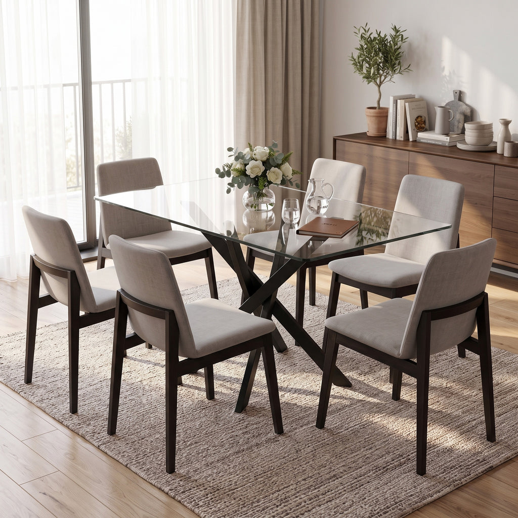 Table de Cuisine, Plateau en Verre Trempé, Piétement Croisé en Acier, Style Moderne, pour Salle à Manger, Cuisine, Salon-7