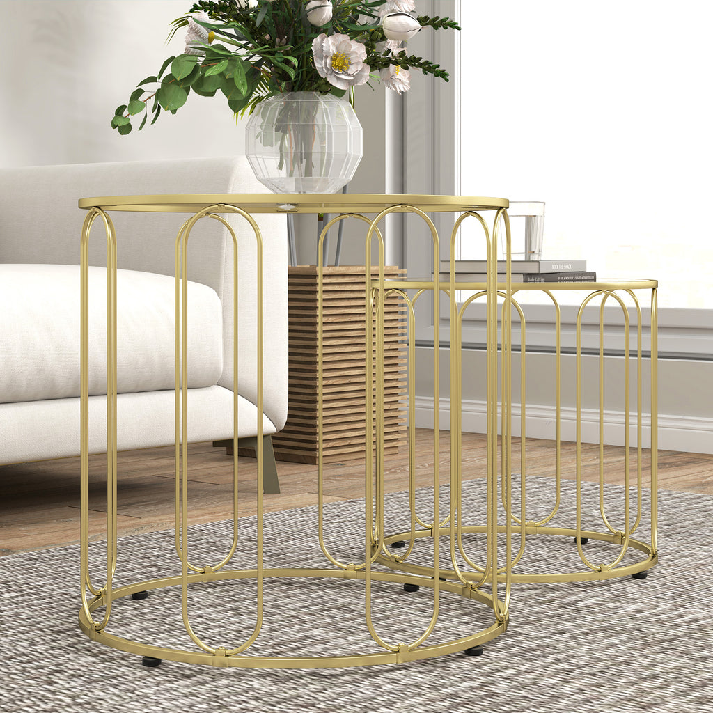 Lot de 2 tables basses gigognes rondes modernes avec cadre en métal et plateau en verre, ton doré-7