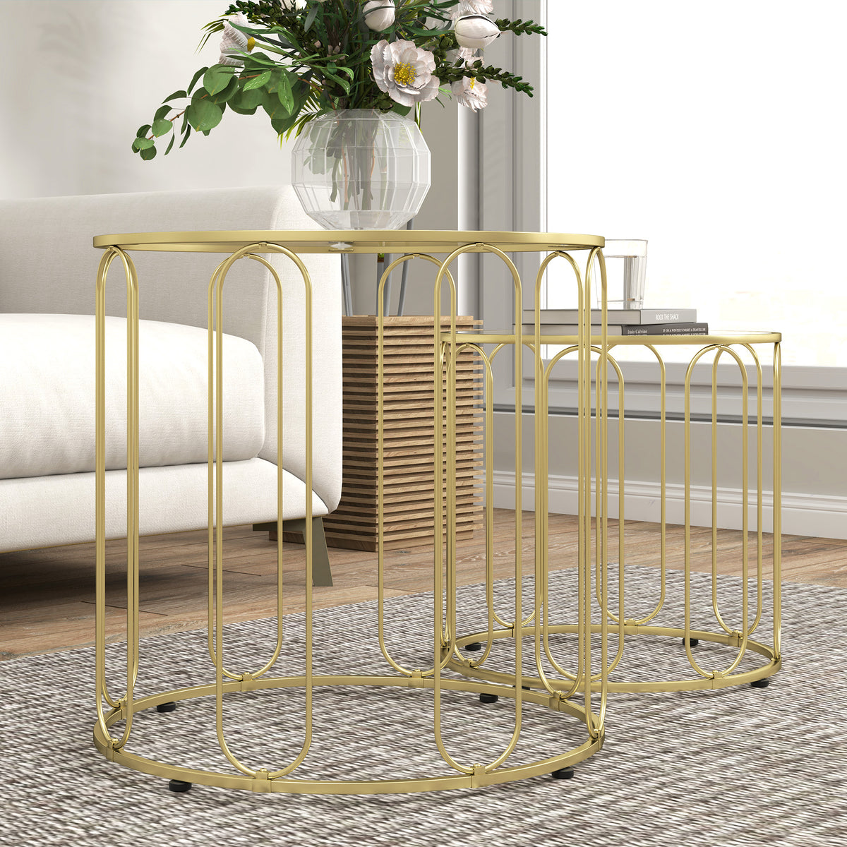Lot de 2 tables basses gigognes rondes modernes avec cadre en métal et plateau en verre, ton doré-7