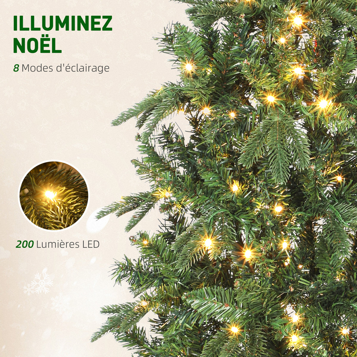 Sapin de Noël artificiel 180 cm, arbre de Noël slim avec 200 lumières 8 modes d'éclairage 605 branches articulées, vert-4