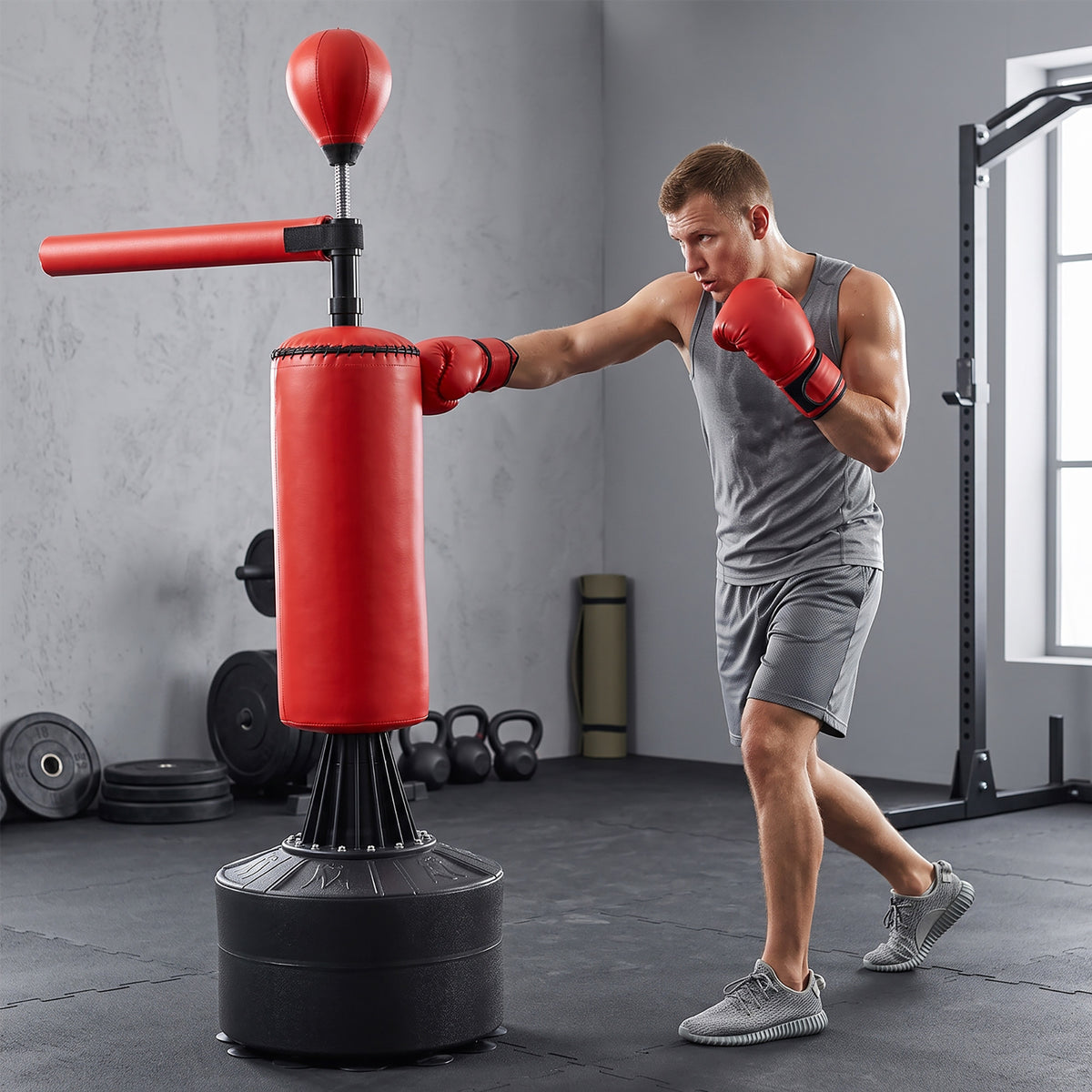Sac de frappe sur pieds punching ball brunier 3 en 1 avec ballon de vitesse bras flexible rotatif hauteur réglable revêtement synthétique base HDPE dim. 88L x 48l x 155-205H cm noir rouge-1