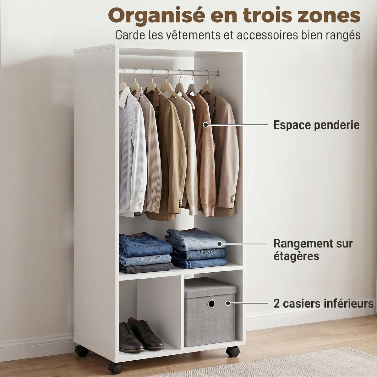 Armoire penderie étagère 2 niches 4 roulettes pivotantes dim. 60L x 40l x 128H cm Blanc-3