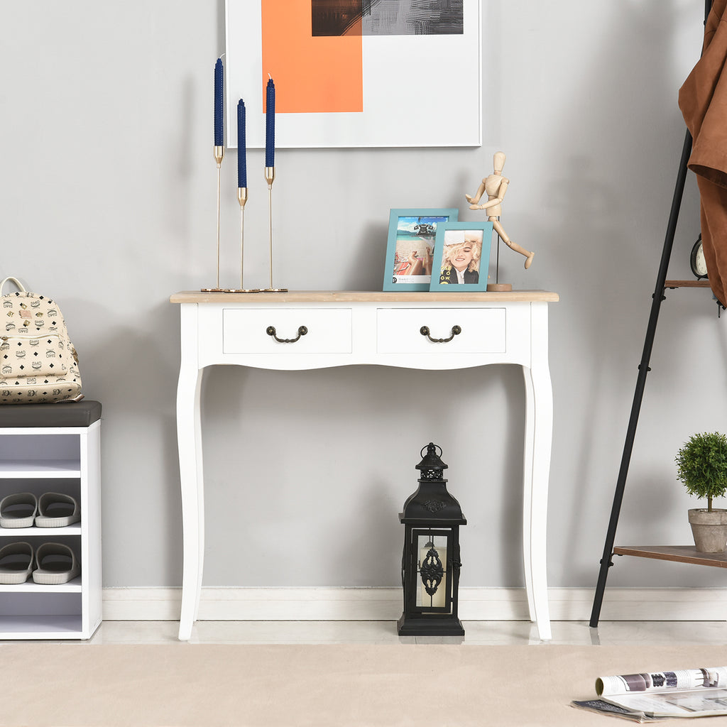 Table Console Table d'entrée Bout de Canapé Style Mexicain 2 tiroirs dim. 87L x 34l x 78H cm MDF Bois Massif pin Clair Blanc-9
