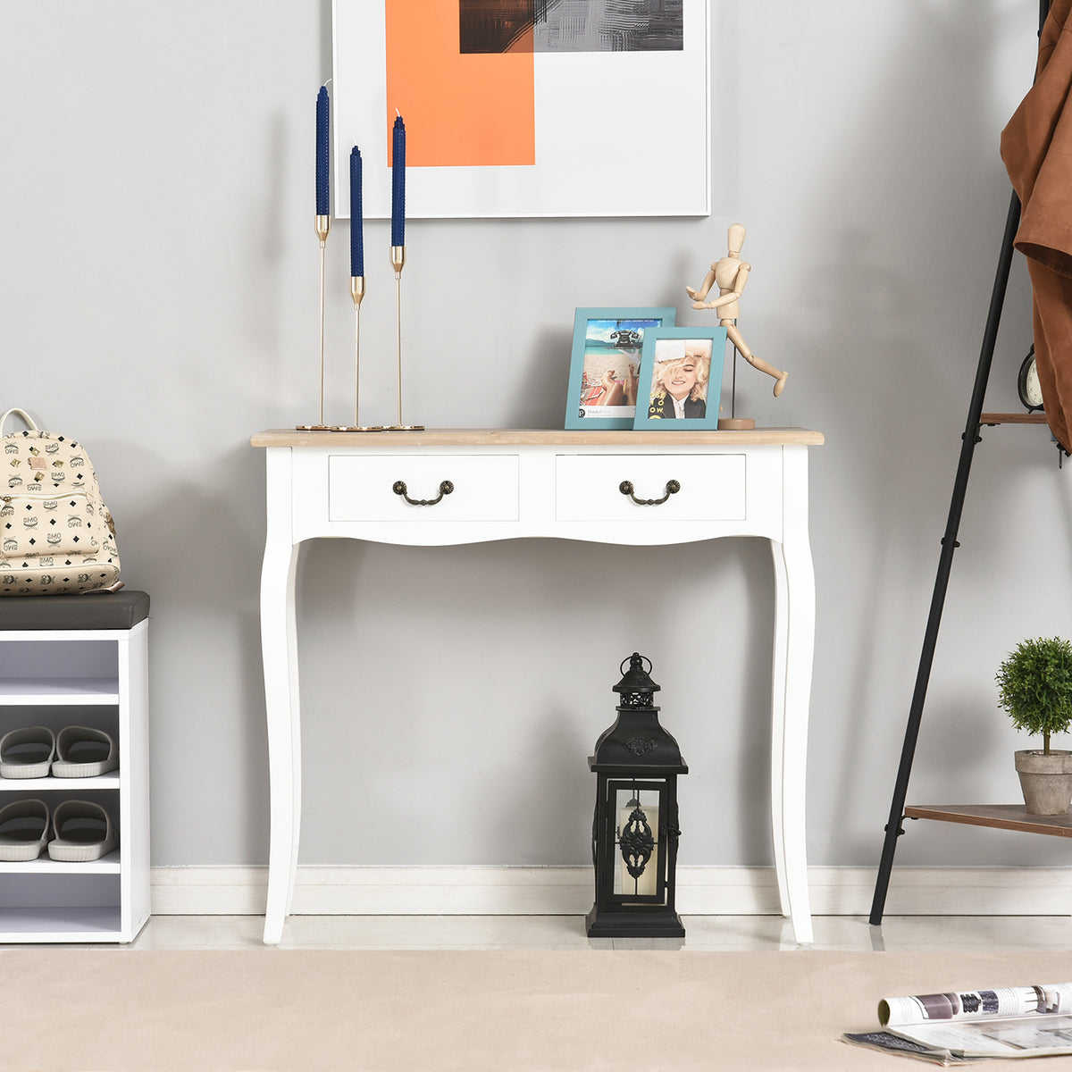 Table Console Table d'entrée Bout de Canapé Style Mexicain 2 tiroirs dim. 87L x 34l x 78H cm MDF Bois Massif pin Clair Blanc-9