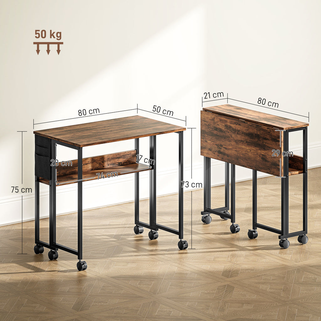 Bureau pliable sur roulettes 80 x 50 cm avec étagère et sac de rangement, brun rustique-2