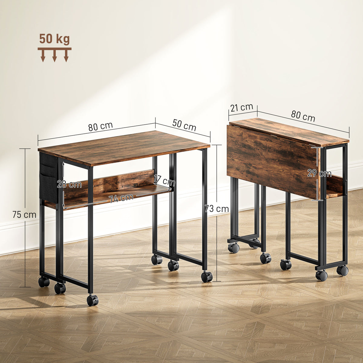 Bureau pliable sur roulettes 80 x 50 cm avec étagère et sac de rangement, brun rustique-2