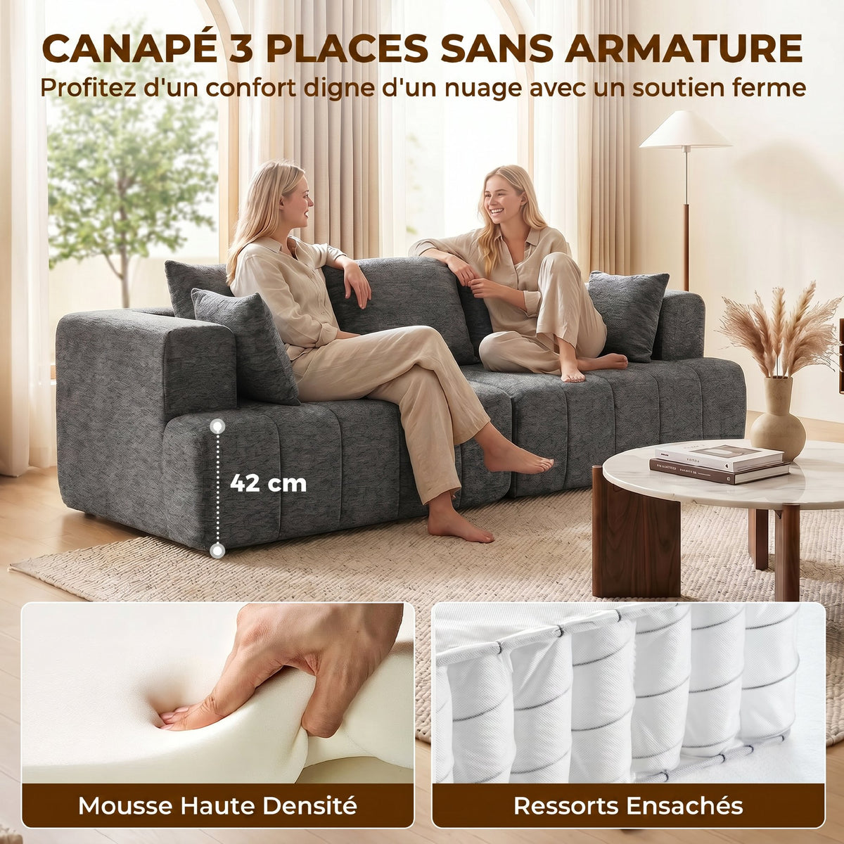 Canapé 3 places en chenille 248 cm, canapé salon moderne, large assise rembourrée, coussins à ressorts, gris-3