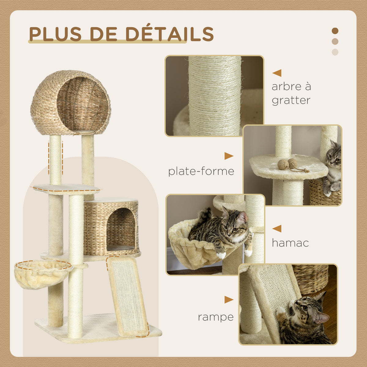 Arbre à chats griffoir sisal naturel 2 niches plateforme hamac peluche jacinthe d'eau - 60 x 60 x 150 cm beige-4