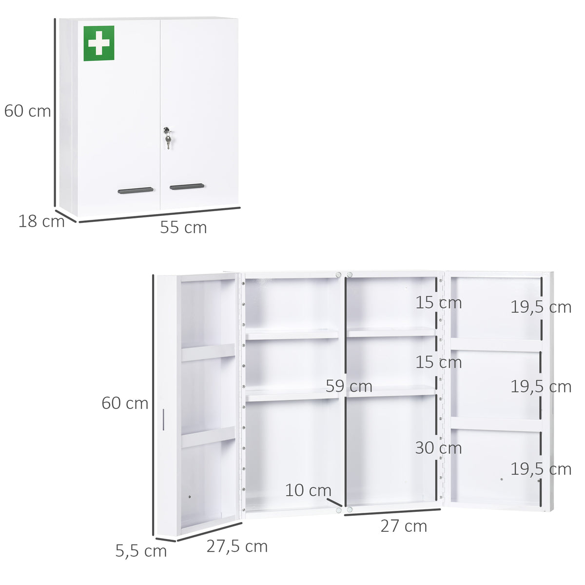 Armoire à pharmacie 6 étagères avec serrure et 2 clés de sécurité, 55x18x60 cm, blanc-2