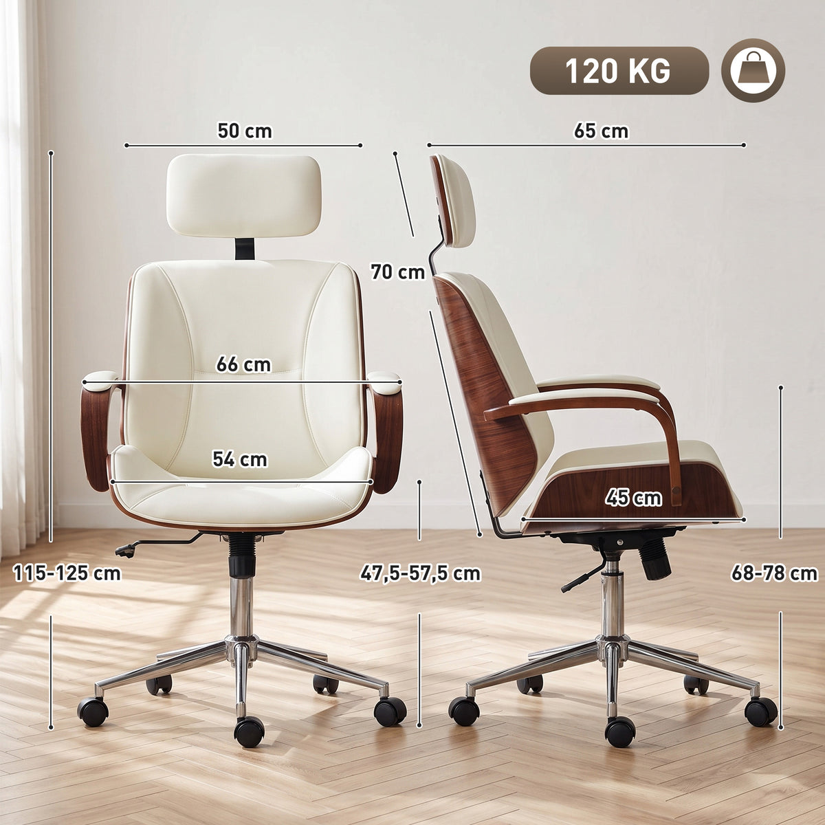 Fauteuil de bureau, chaise de bureau avec appui-tête amovible hauteur réglable et fonction de bascule, 66x65x125cm, crème-2